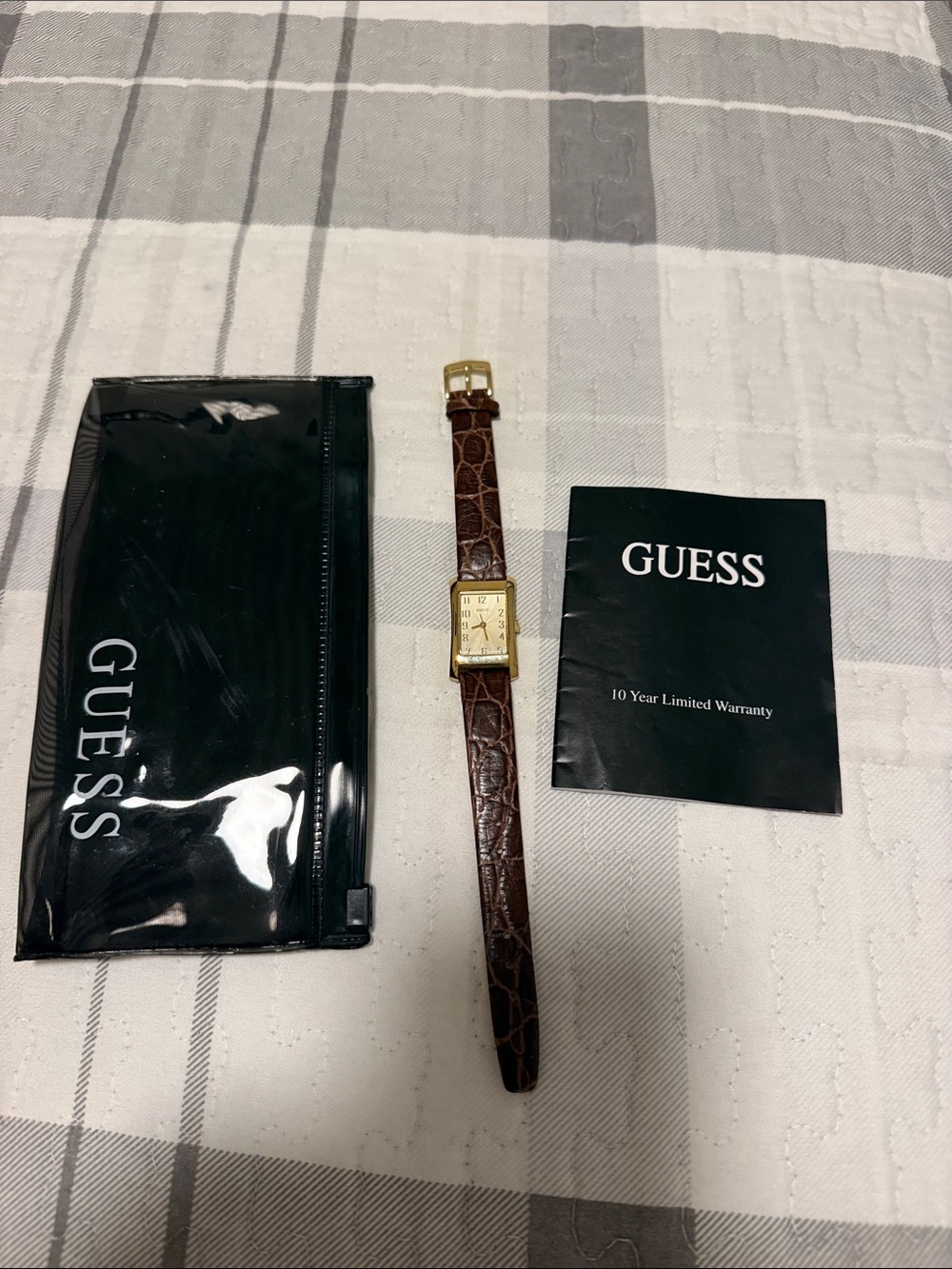 Guess Brown Leather Strap Gold-Tone Rectangular Watch